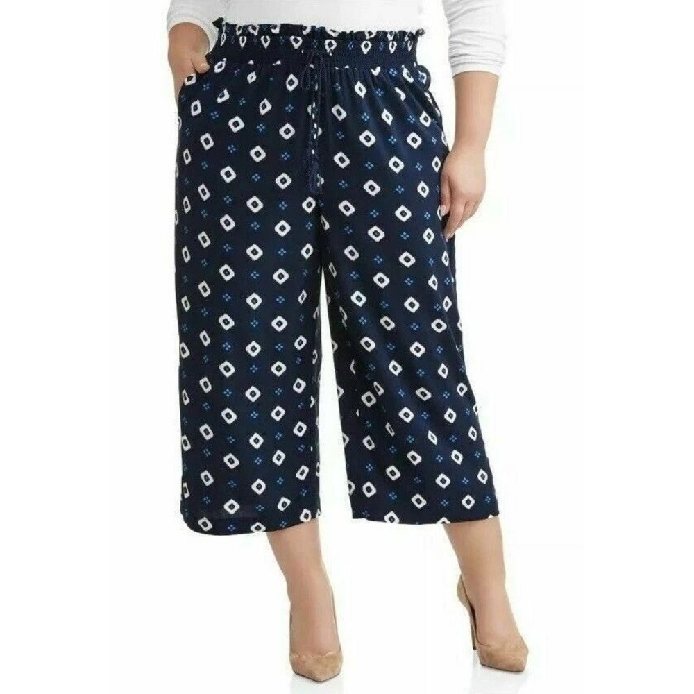 Terra & Sky Womens 1X Blue Geo Print Crop Wide Leg Relaxed Fit Smocked Pants NEW